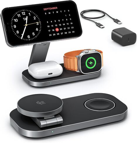محطة شحن لاسلكية 3 في 1 لأجهزة Apple، حامل شاحن سريع مغناطيسي قابل للطي متوافق مع MagSafe لسلسلة iPhone Air/17/16/15/14/13/12، وساعة Apple وAirPods Pro/4/3/2 in Kuwait