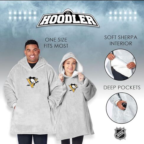 بلوفر شيربا كبير الحجم من Northwest NHL Pittsburgh Penguins Hoodler، شعار مطرز، سترة صوفية ناعمة يمكن ارتداؤها، صوف ناعم مع جيب أمامي، مقاس واحد يناسب معظم الأشخاص in Kuwait