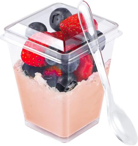 EASERCY 5 oz Plastic Dessert Cups with Lids and Spoons 150 Pcs Serves 50, Yogurt Parfait Appetizer Cup for Party, Dessert Shooter Cups for Pudding Jello and Fruit in Kuwait