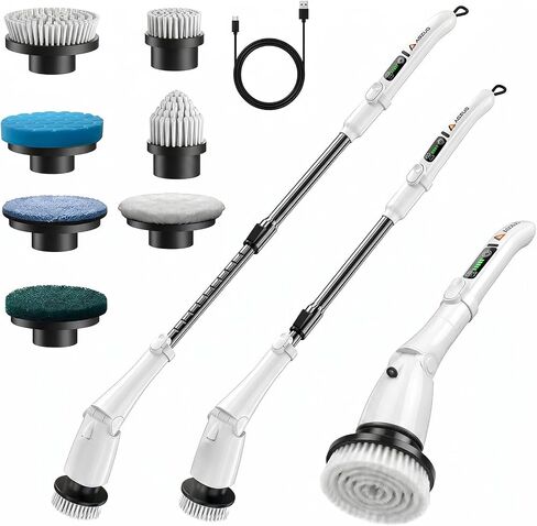 Electric Spin Scrubber, Power Cleaning Brush with 3 Speed Modes LED Light, 7 Replaceable Heads Cordless Shower Scrubber, Long Handle Extendable Scrubber for Bathroom, Floor, Tub, Tile, Grout in Kuwait