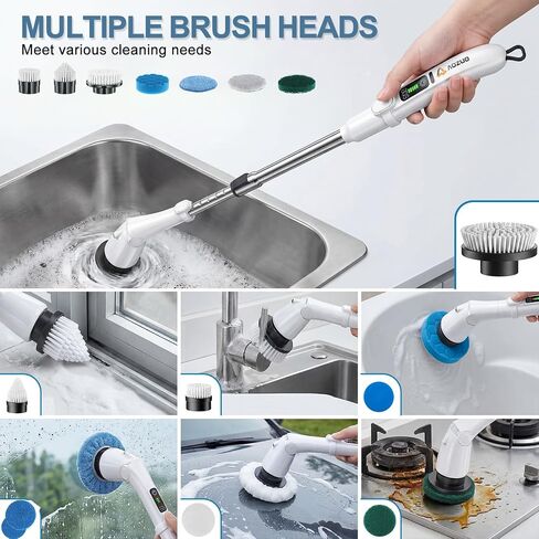 Electric Spin Scrubber, Power Cleaning Brush with 3 Speed Modes LED Light, 7 Replaceable Heads Cordless Shower Scrubber, Long Handle Extendable Scrubber for Bathroom, Floor, Tub, Tile, Grout in Kuwait