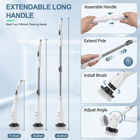 Electric Spin Scrubber, Power Cleaning Brush with 3 Speed Modes LED Light, 7 Replaceable Heads Cordless Shower Scrubber, Long Handle Extendable Scrubber for Bathroom, Floor, Tub, Tile, Grout in Kuwait
