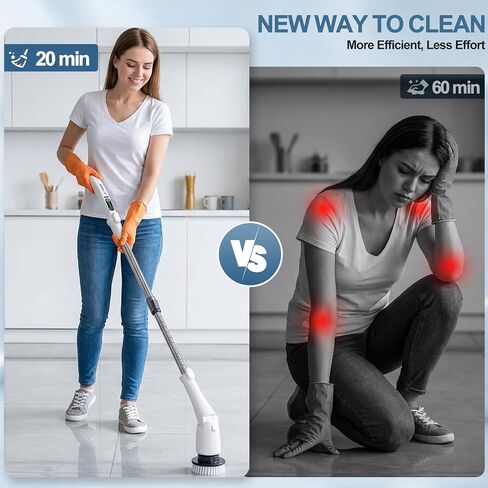 Electric Spin Scrubber, Power Cleaning Brush with 3 Speed Modes LED Light, 7 Replaceable Heads Cordless Shower Scrubber, Long Handle Extendable Scrubber for Bathroom, Floor, Tub, Tile, Grout in Kuwait