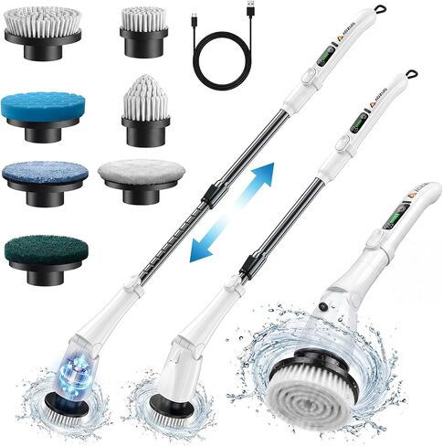 Electric Spin Scrubber, Power Cleaning Brush with 3 Speed Modes LED Light, 7 Replaceable Heads Cordless Shower Scrubber, Long Handle Extendable Scrubber for Bathroom, Floor, Tub, Tile, Grout in Kuwait