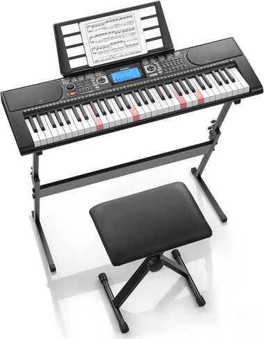 Donner 61 Key Keyboard Piano, Electric Piano Keyboard Set with Lighted Keys, LCD Display, 300 Tones & 256 Rhythms, Z-Stand, Bench, Learning Modes, Complete Kit for Beginners, Black（DEK-630） in Kuwait