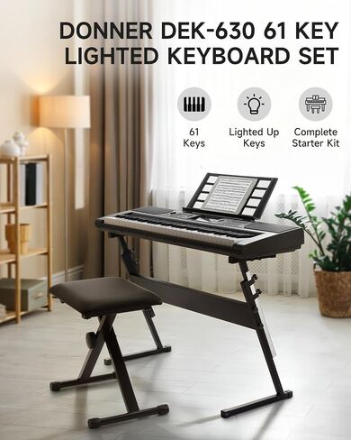 Donner 61 Key Keyboard Piano, Electric Piano Keyboard Set with Lighted Keys, LCD Display, 300 Tones & 256 Rhythms, Z-Stand, Bench, Learning Modes, Complete Kit for Beginners, Black（DEK-630） in Kuwait