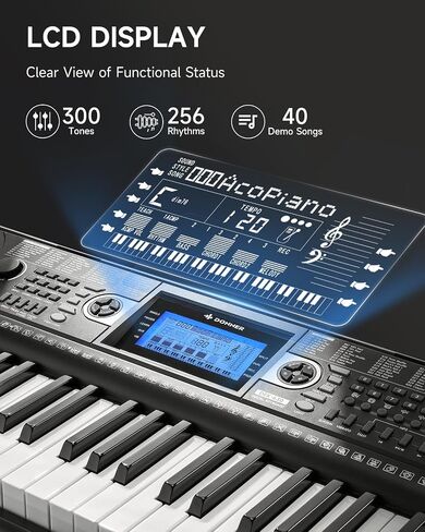Donner 61 Key Keyboard Piano, Electric Piano Keyboard Set with Lighted Keys, LCD Display, 300 Tones & 256 Rhythms, Z-Stand, Bench, Learning Modes, Complete Kit for Beginners, Black（DEK-630） in Kuwait