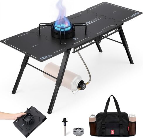 Alocs Camping Gas Stove, IGT Camp Table with Outdoor Stove, Folding Picnic Table with Portable Solo Stove, Carrying Bag, for Beach, Grilling, Hiking, Fishing, Tailgating, Backyard in Saudi Arabia