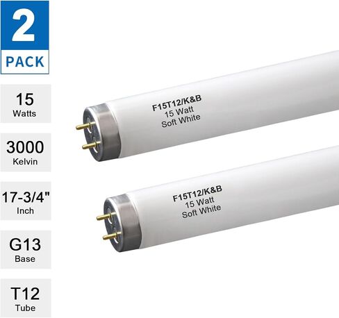 2 حزمة F15T12/K&B لمبة فلورسنت خطية 15 وات T12 بيضاء ناعمة، بديلة لـ GE10185 Philips 141465 F15T12/WW، G13 قاعدة متوسطة 2 دبوس 18 بوصة in Kuwait