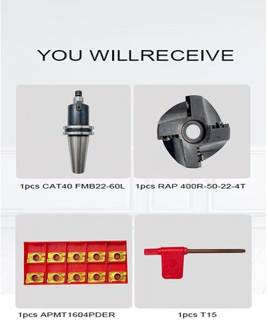 CAT40-FMB22-60 ساق مطحنة نهاية الوجه و400R-50-22-4T 50 مم (2 بوصة) قاطع مطحنة وجه قابل للفهرسة بأربعة فلوت، تتضمن 10 قطع APMT1604 كربيد ومفتاح T15 للطحن باستخدام الحاسب الآلي in Kuwait