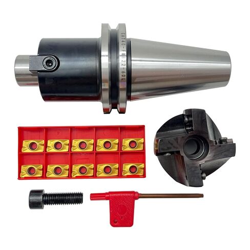 CAT40-FMB22-60 ساق مطحنة نهاية الوجه و400R-50-22-4T 50 مم (2 بوصة) قاطع مطحنة وجه قابل للفهرسة بأربعة فلوت، تتضمن 10 قطع APMT1604 كربيد ومفتاح T15 للطحن باستخدام الحاسب الآلي in Kuwait