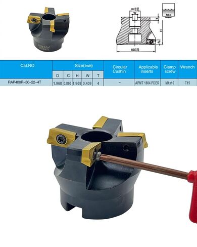CAT40-FMB22-60 ساق مطحنة نهاية الوجه و400R-50-22-4T 50 مم (2 بوصة) قاطع مطحنة وجه قابل للفهرسة بأربعة فلوت، تتضمن 10 قطع APMT1604 كربيد ومفتاح T15 للطحن باستخدام الحاسب الآلي in Kuwait
