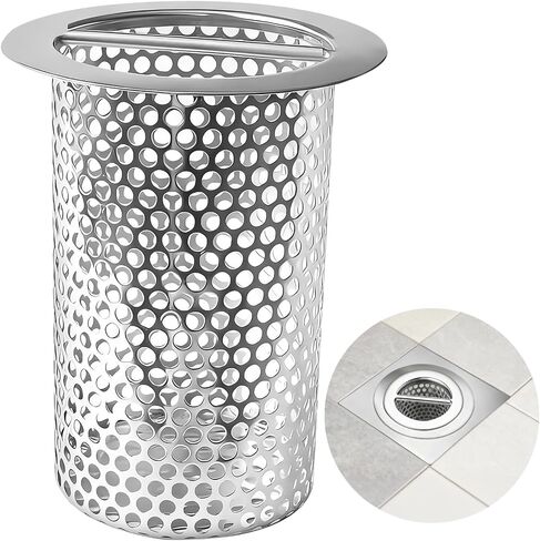 Commercial Floor Drain Strainer, 4.7 in Lip Diameter, 3.5 in Strainer Diameter, 5.9 in Height, Perforated Cylindrical Mesh, Stainless Steel Drain Basket with Carry Handle, Fit 3.94 in / 4.33 in Pipes in Kuwait