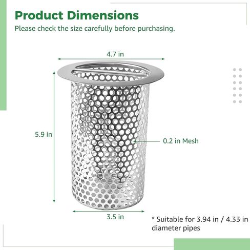 Commercial Floor Drain Strainer, 4.7 in Lip Diameter, 3.5 in Strainer Diameter, 5.9 in Height, Perforated Cylindrical Mesh, Stainless Steel Drain Basket with Carry Handle, Fit 3.94 in / 4.33 in Pipes in Kuwait