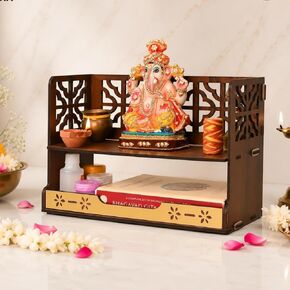 Compact Wooden Pooja Mandir for Home & Office | Small Table Top & Wall Mounted Wooden Temple Stand with Golden Acrylic Elegance | Devghar (H-8 x L-12 x W-5.5 Inch) in Kuwait