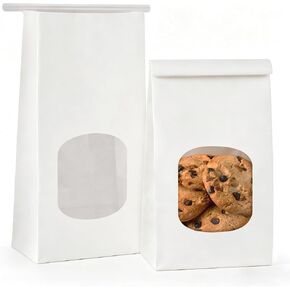50 Pack Bakery Bags with Window, 3.9x2.3x8 Inches Tin Tie Tab Paper Cookie Bags Brown Small Gift Bag for Packaging Popcorn, Trail Mix, Treats, Snacks, Baked Goods, Party Favors | Grease Resistant in Kuwait