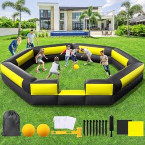 Inflatable Gaga Ball Pit, Portable Gaga Ball Pit for Indoor Outdoor Game, Backyard, Park, School, Camp, Home | Gaga Pit with Built-in Blower, Gaga Ball, Carry Bag, Sandbags etc (Black+Yellow, 15FT) in Kuwait