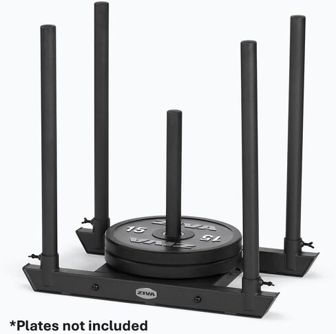 ZIVA Steel Performance Sled، أسود، قضبان دفع مزدوجة الجوانب، 2.8 لتر × 1.6 عرض × 3 ارتفاع، 57 رطلاً، عمود تحميل مركزي يناسب 10 ألواح ممتصة للصدمات، لتدريب القوة والتكييف in Kuwait