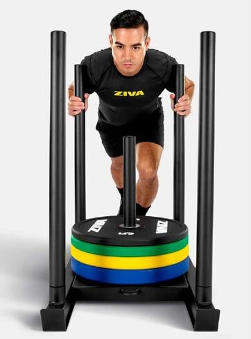 ZIVA Steel Performance Sled، أسود، قضبان دفع مزدوجة الجوانب، 2.8 لتر × 1.6 عرض × 3 ارتفاع، 57 رطلاً، عمود تحميل مركزي يناسب 10 ألواح ممتصة للصدمات، لتدريب القوة والتكييف in Kuwait