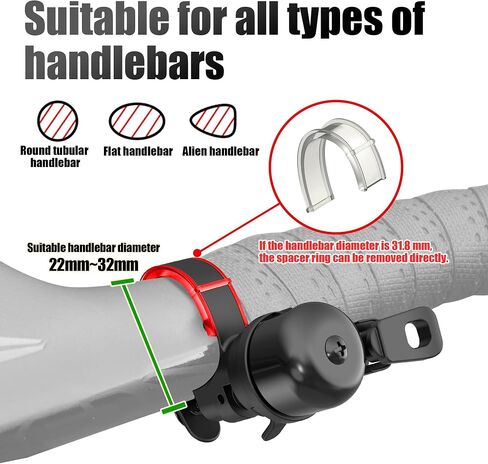 جرس دراجة صغير RBRL لدراجات الطرق والحصى - جرس دراجة بصوت عالٍ 100 ديسيبل، قابل للدوران 360 درجة، حامل يسار/يمين، جرس نحاسي مدمج لمقود 22-32 مم، صوت واضح لركوب الدراجات الآمنة in Kuwait