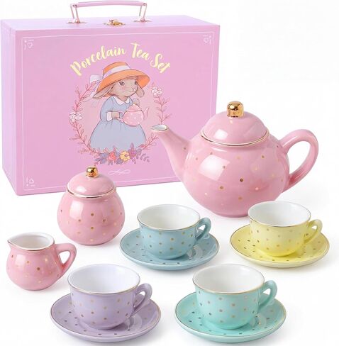 Porcelain Tea Set for Girls - Pastel with Gold Polka Dot Tea Party Set for Kids I Complete Children Tea Sets with Carry Case, Birthday Gift for Little Girls & Toddlers in Saudi Arabia