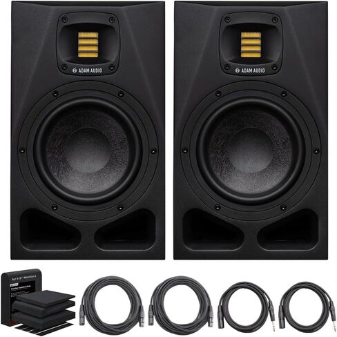 شاشة استوديو ADAM Audio A7V مقاس 7 بوصات، حزمة AMS-A7V سوداء (زوج) مع وسادات عزل Focusound 2 حزمة صوتية عالية الكثافة، 2X OnStage 25ft XLR Cable + 2X 10ft Balanced XLR إلى TRS Cable in Kuwait