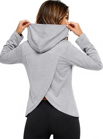 Remidoo Womens Split Open Back Hoodie Long Sleeve Hooded Workout Top Athletic Shirts in Kuwait