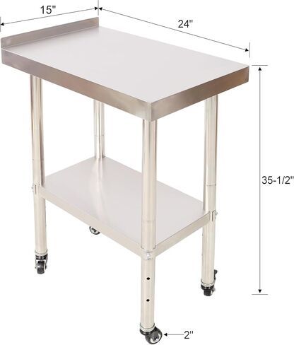 Commercial Stainless Steel Prep Table 24" x 15" - 440lb Capacity Heavy Duty Worktable with Backsplash, Adjustable Shelf & 4 Locking Casters for Restaurant Kitchen, Bakery, Food Prep Station in Kuwait