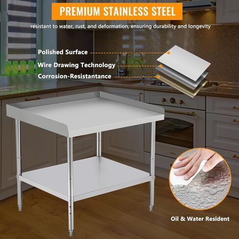 36"x28"x30" Stainless Steel Grill Stand Table, NSF Certified, 400 lbs Capacity, Adjustable Legs, 3-Sided 2" Edge Baffle for Kitchen, Restaurant, Hotel in Kuwait