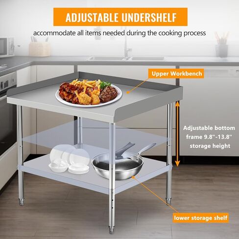 36"x28"x30" Stainless Steel Grill Stand Table, NSF Certified, 400 lbs Capacity, Adjustable Legs, 3-Sided 2" Edge Baffle for Kitchen, Restaurant, Hotel in Kuwait