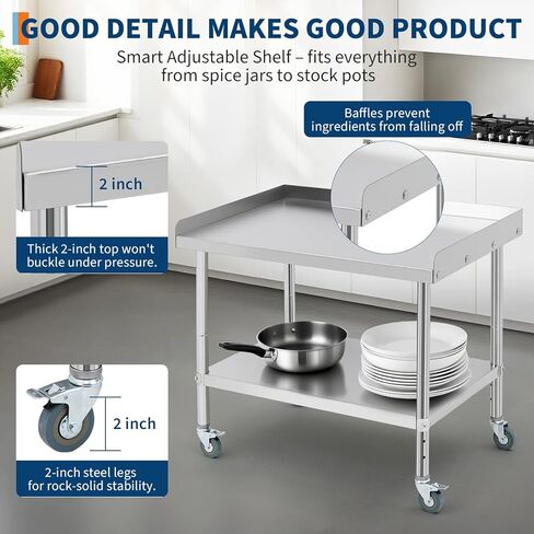36"x30"x30" Stainless Steel Grill Stand Table, NSF Certified, 3-Sided 2" Backsplash, Adjustable Legs & Wheels, 660 lbs Capacity, Equipment Stand for Restaurant, Hotel, Home Kitchen in Kuwait