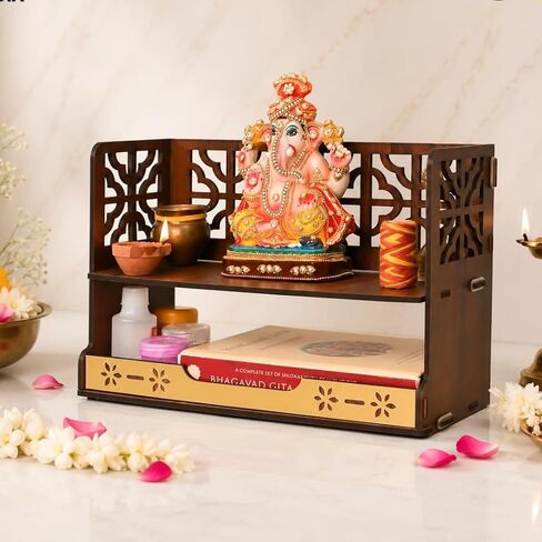 Compact Wooden Pooja Mandir for Home & Office | Small Table Top & Wall Mounted Wooden Temple Stand with Golden Acrylic Elegance | Devghar (H-8 x L-12 x W-5.5 Inch) in Kuwait