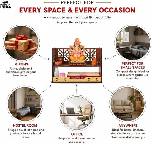 Compact Wooden Pooja Mandir for Home & Office | Small Table Top & Wall Mounted Wooden Temple Stand with Golden Acrylic Elegance | Devghar (H-8 x L-12 x W-5.5 Inch) in Kuwait