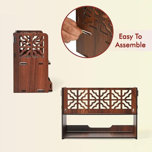 Compact Wooden Pooja Mandir for Home & Office | Small Table Top & Wall Mounted Wooden Temple Stand with Golden Acrylic Elegance | Devghar (H-8 x L-12 x W-5.5 Inch) in Kuwait