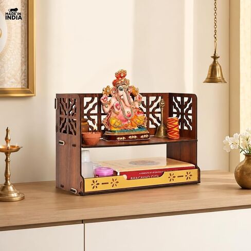 Compact Wooden Pooja Mandir for Home & Office | Small Table Top & Wall Mounted Wooden Temple Stand with Golden Acrylic Elegance | Devghar (H-8 x L-12 x W-5.5 Inch) in Kuwait