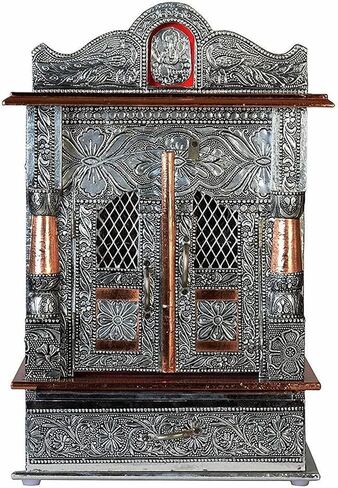 Oxidized Metal Pooja Mandir with Doors and Drawer, Silver, Ganesha Embossed, Traditional Hindu Temple in Kuwait