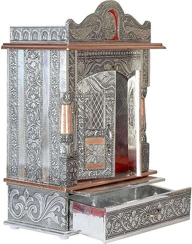 Oxidized Metal Pooja Mandir with Doors and Drawer, Silver, Ganesha Embossed, Traditional Hindu Temple in Kuwait