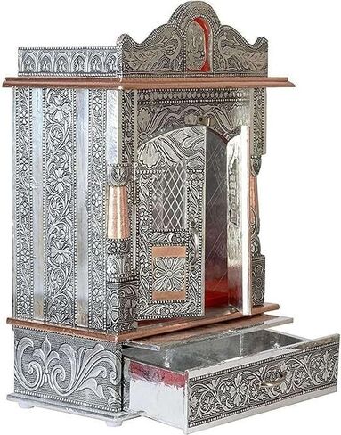 Oxidized Metal Pooja Mandir with Doors and Drawer, Silver, Ganesha Embossed, Traditional Hindu Temple in Kuwait