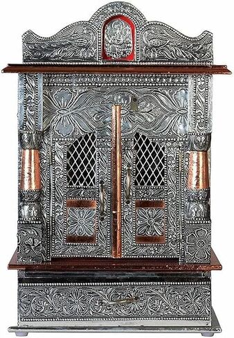 Oxidized Metal Pooja Mandir with Doors and Drawer, Silver, Ganesha Embossed, Traditional Hindu Temple in Kuwait