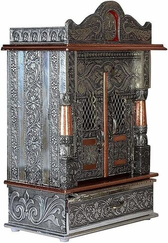 Oxidized Metal Pooja Mandir with Doors and Drawer, Silver, Ganesha Embossed, Traditional Hindu Temple in Kuwait