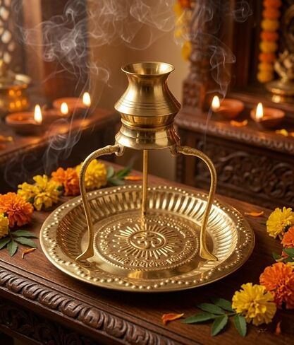 Brass Shivling Pooja Thali with Shivling Stand and Abhishek Lota Kalash, Gold, 18x18x16 cm in Kuwait