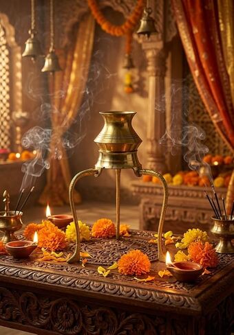 Brass Shivling Pooja Thali with Shivling Stand and Abhishek Lota Kalash, Gold, 18x18x16 cm in Kuwait