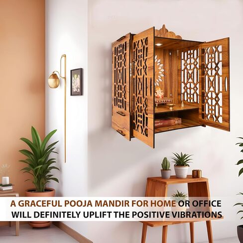 Temple Mandir for Home with Door | Wooden MDF, Assembly Required | Pooja Unit with Storage Space | LED Light and Wall Mounts | Pooja Mandir for Home 21.2x16.5x10.2 inch in Kuwait