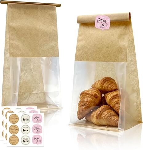 Extra Large Paper Bread Bags for Homemade Bread with Window & Sticker for XL Sourdough Breads, Round Loaf, Baked Goods, Oval Loaves, Brown Kraft - 45 Pcs 16x10x5 Inch in Kuwait