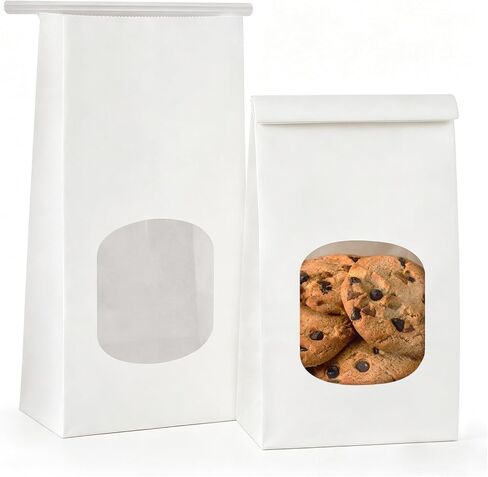 50 Pack Bakery Bags with Window, 3.9x2.3x8 Inches Tin Tie Tab Paper Cookie Bags Brown Small Gift Bag for Packaging Popcorn, Trail Mix, Treats, Snacks, Baked Goods, Party Favors | Grease Resistant in Kuwait