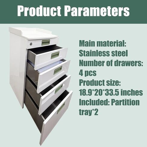 4 Drawers Mobile Storage Cabinet with 2 Partition Pallets | Stainless Steel Construction, Dental Assistant's Mobile Cabinet, Silent Self-Closing Slides, Dental Organization Trolley in Kuwait