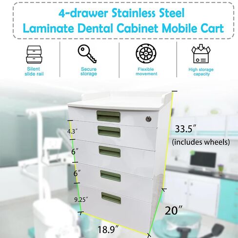 Mobile Dental Storage Cabinet with Lockable Wheels, 4-Drawer Stainless Steel Laminate Cart for Clinics Hospitals Labs, Portable Utility Trolley (White & Green) in Kuwait