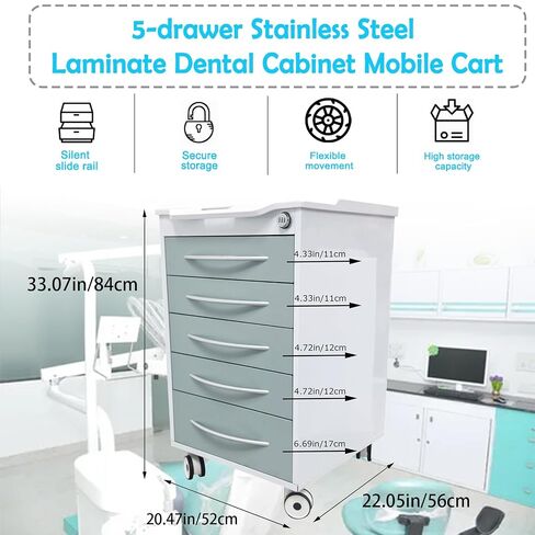 Mobile Dental Storage Cabinet with Silent Lockable Wheels, 5-Drawer Stainless Steel Laminate Cart for Clinics Hospitals Labs, Portable Utility Trolley (White & Green) in Kuwait