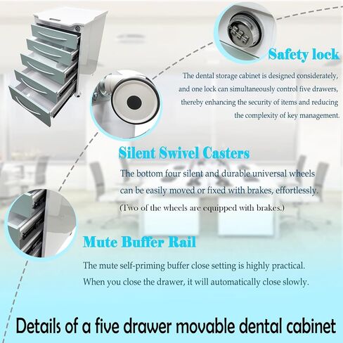 Mobile Dental Storage Cabinet with Silent Lockable Wheels, 5-Drawer Stainless Steel Laminate Cart for Clinics Hospitals Labs, Portable Utility Trolley (White & Green) in Kuwait