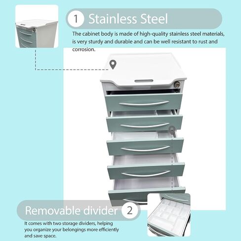 Mobile Dental Storage Cabinet with Silent Lockable Wheels, 5-Drawer Stainless Steel Laminate Cart for Clinics Hospitals Labs, Portable Utility Trolley (White & Green) in Kuwait